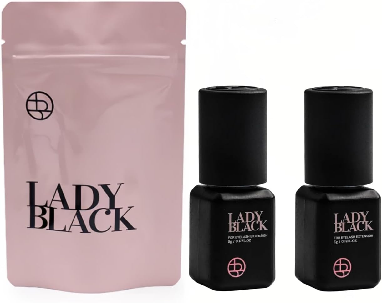 Lady Black Eyelash Extension Glue 5ml, Low Smoke, Low Irritation, Long Lasting Eyelash Extensions, 1-2s Fast Drying, 5-6 Week Retention (2 Pack)